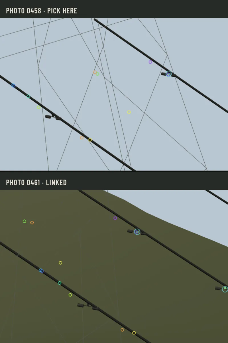 Re-creation: the two photo windows after aligning the views, every element on its tie point, with feature matches marked in both photos.